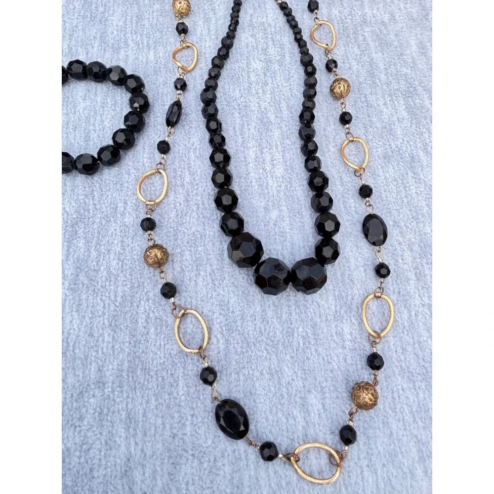 Dark Academia Beaded Jewelry Black Gold Tone‎ Acrylic Metal Necklaces Faceted